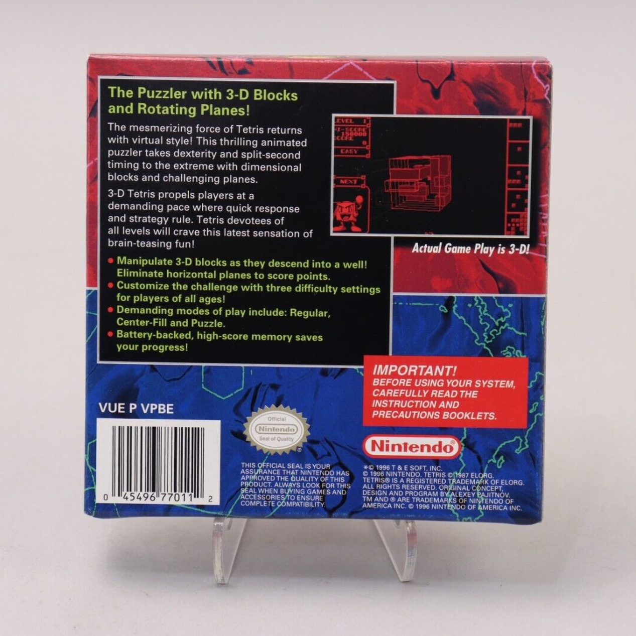 3D Tetris Nintendo Virtual Boy VB 1996 EX/NM CIB Complete in Box w/Manual