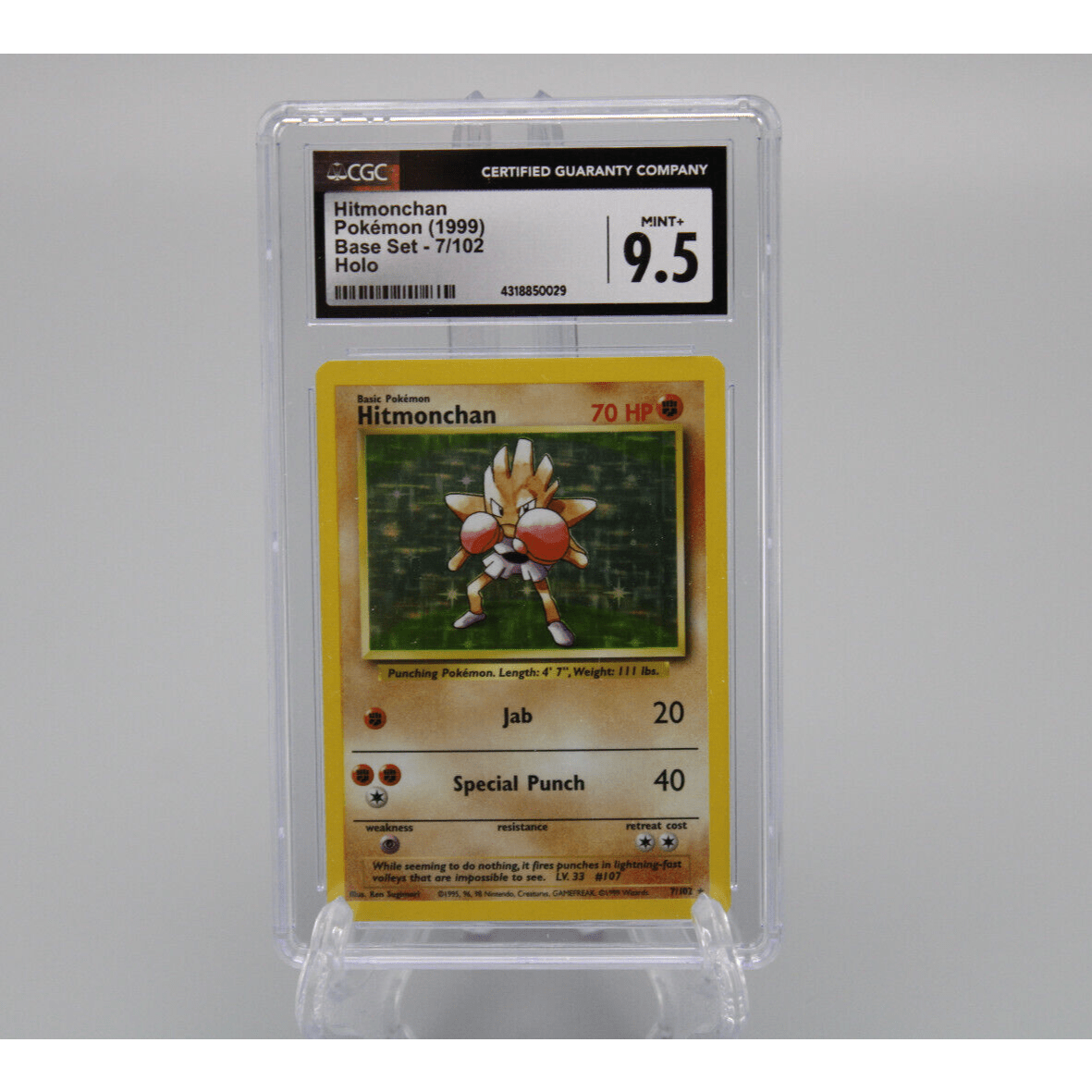 Pokemon TCG Hitmonchan Base Set Holo Card 7/102 CGC Graded 9.5 MINT+ 1999