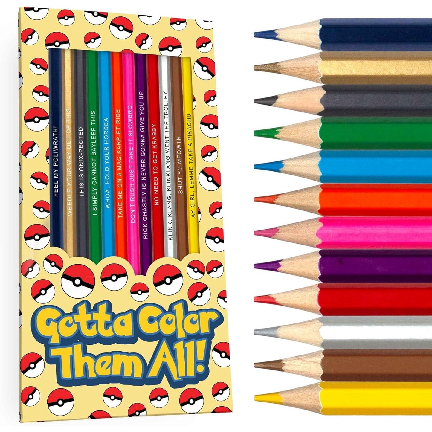 Gotta Color Them All! Colored Pencil Set - 12 Colors, Pokemon Inspired Parody - Pun Labs