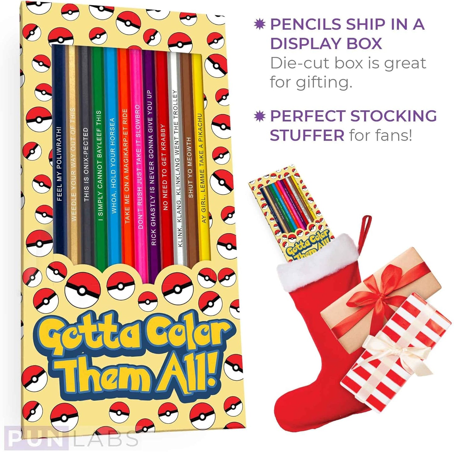 Gotta Color Them All! Colored Pencil Set - 12 Colors, Pokemon Inspired Parody - Pun Labs