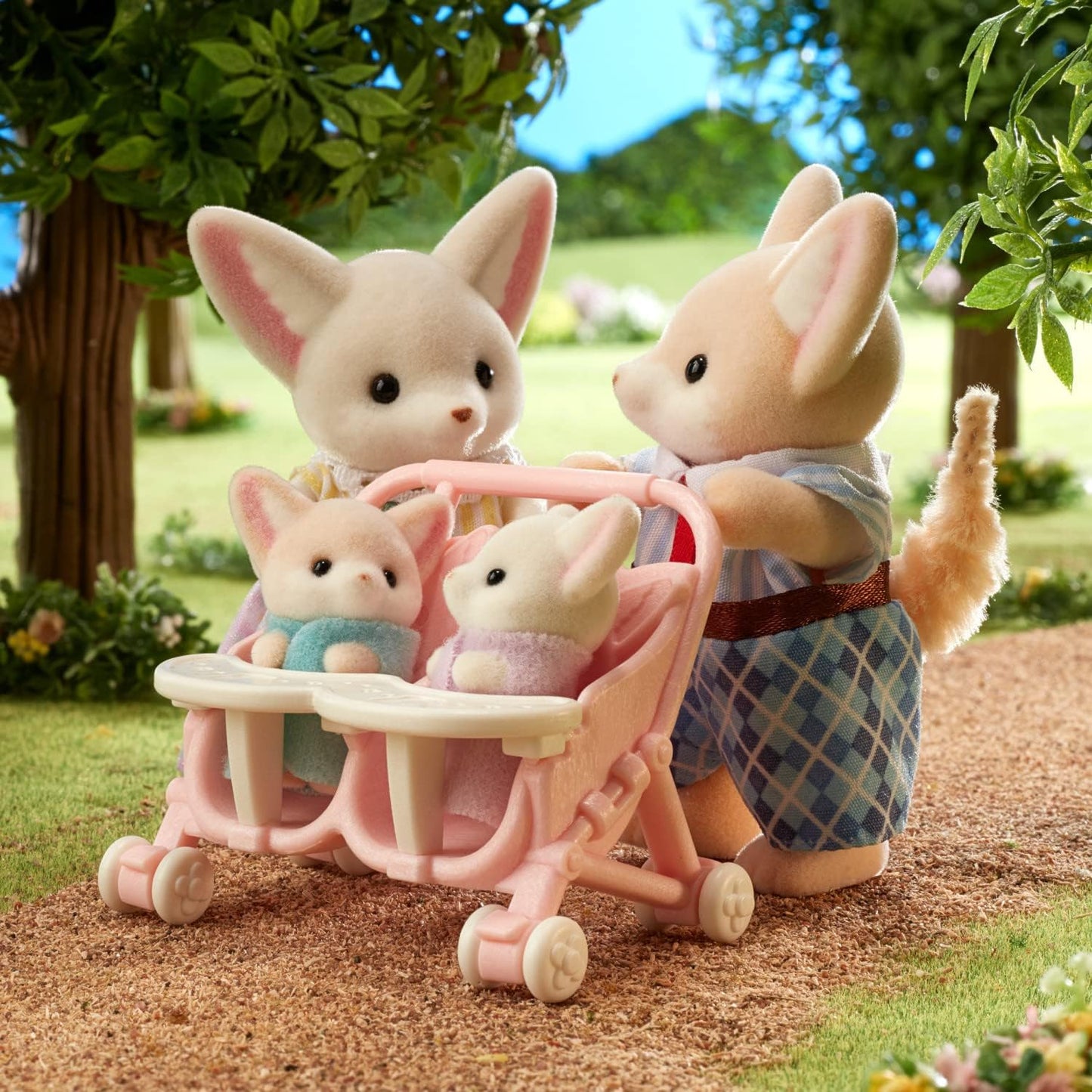 Calico Critters Fennec Fox Family Doll Set - 4 Figures & Double Stroller - Epoch Everlasting Play