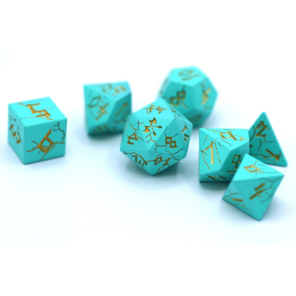 Barbarian Solid Metal Polyhedral Dice Set - 7-Piece, Turquoise & Gold - Hymgho Dice