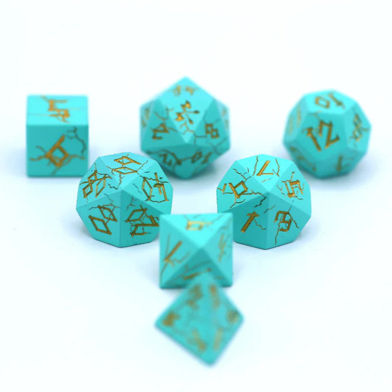 Barbarian Solid Metal Polyhedral Dice Set - 7-Piece, Turquoise & Gold - Hymgho Dice