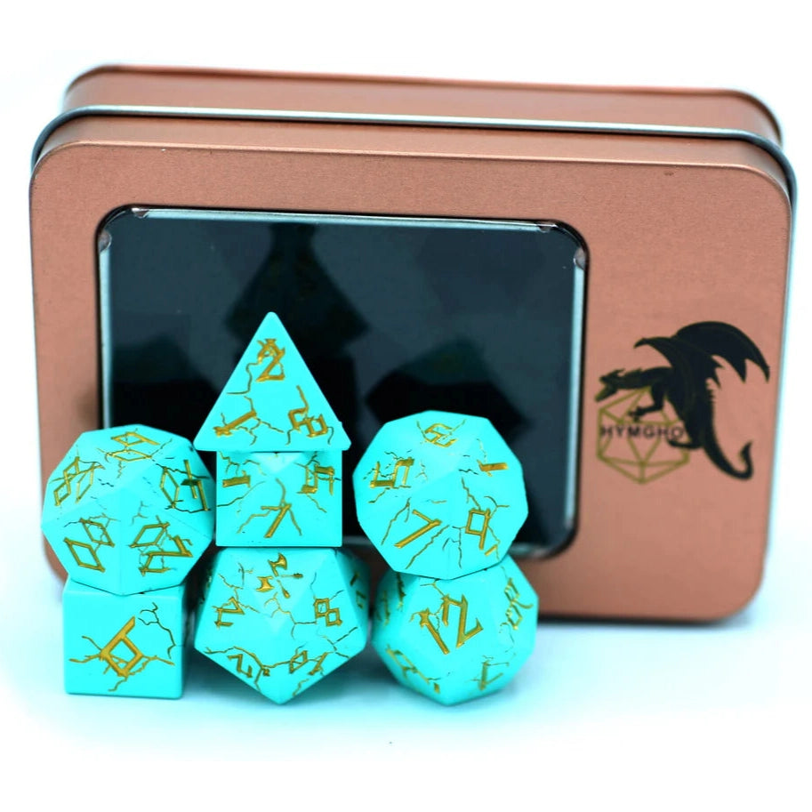 Barbarian Solid Metal Polyhedral Dice Set - 7-Piece, Turquoise & Gold - Hymgho Dice