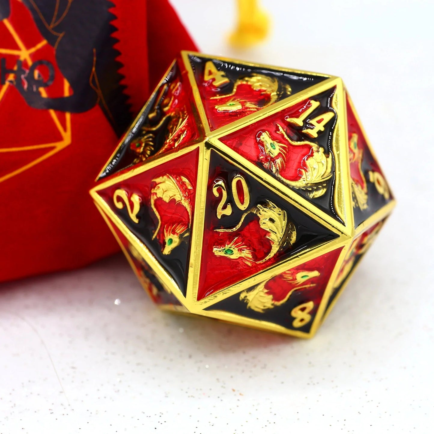 45mm Dragon D20 Die - Gold with Red & Black - Hymgho Dice