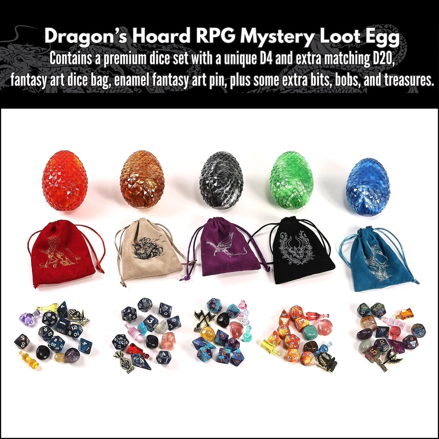 Dragon's Hoard RPG Mystery Treasure Egg - Dice Set, Bag, Enamel Pin & More! - Hymgho Dice