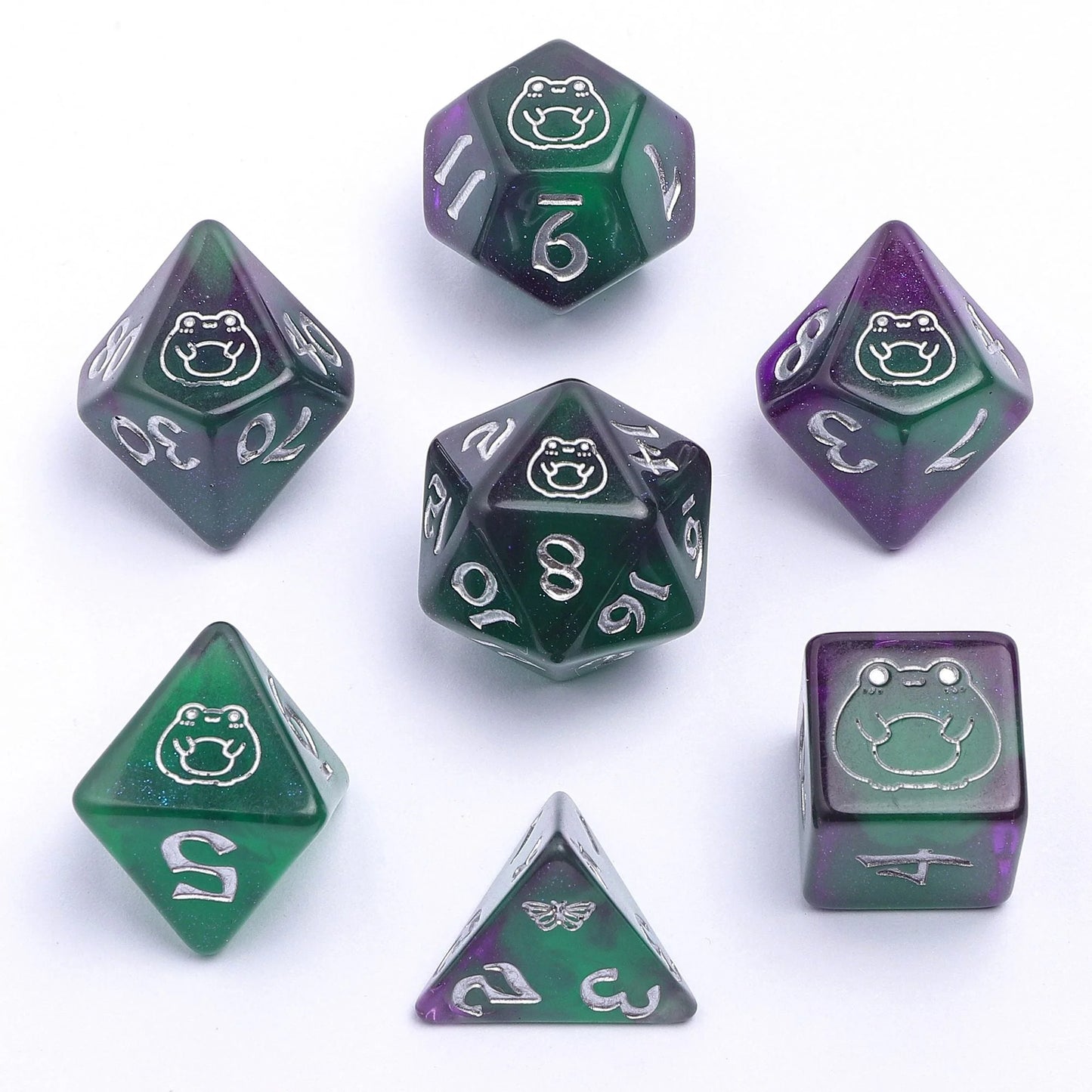 Wyrmforged Rollers Bog Frog Silver Glow in the Dark Dice Set - 7-Piece Rounded Resin Polyhedral - Hyngho Dice