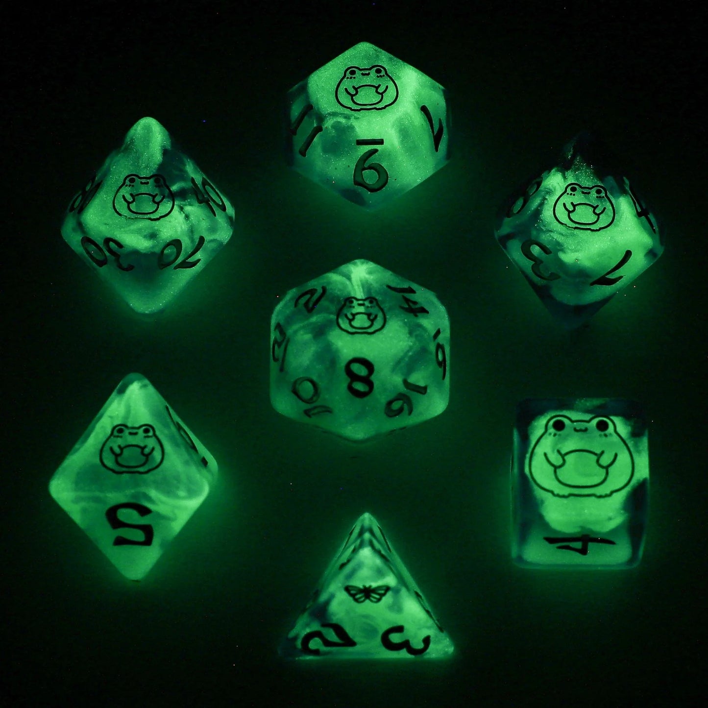 Wyrmforged Rollers Bog Frog Silver Glow in the Dark Dice Set - 7-Piece Rounded Resin Polyhedral - Hyngho Dice