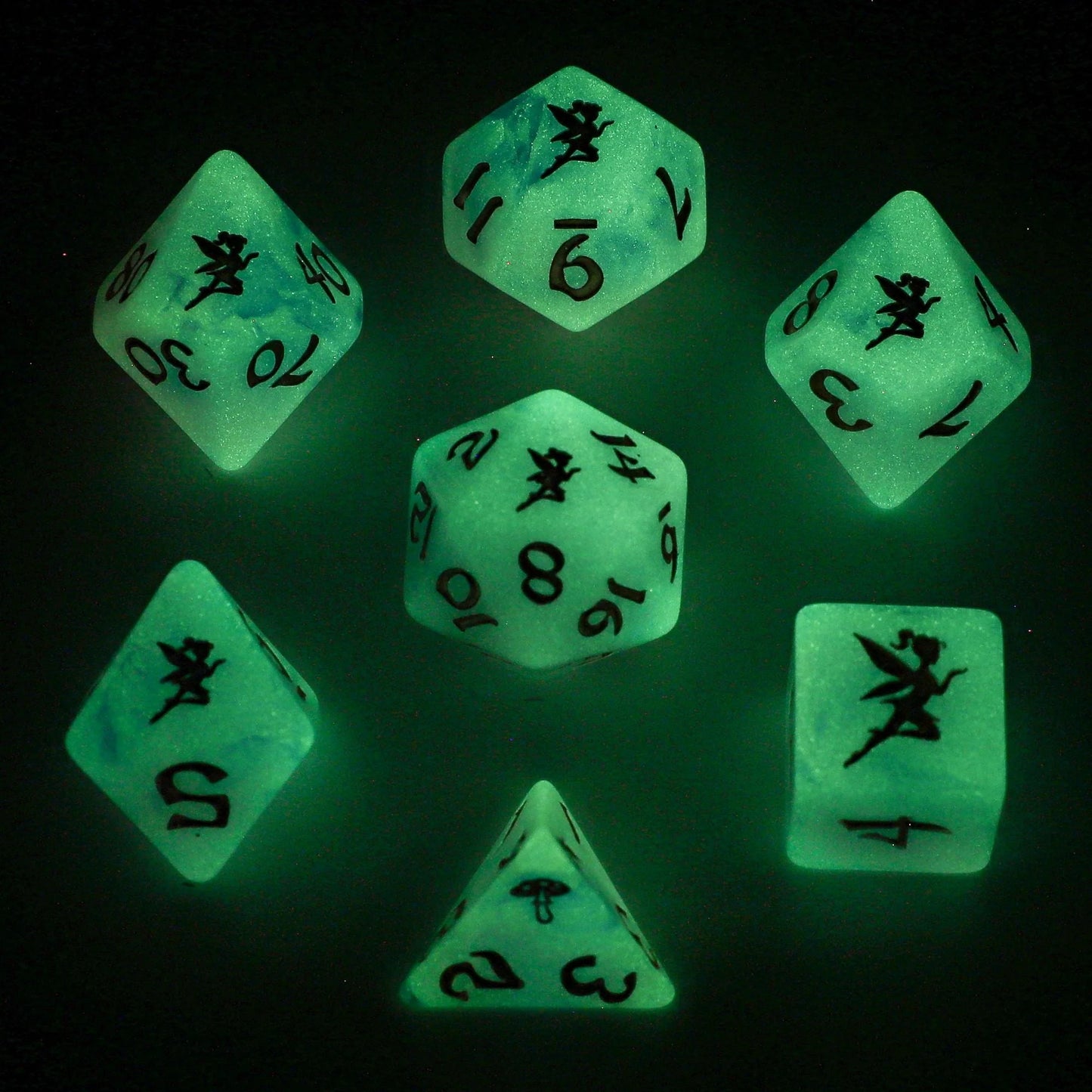 Wyrmforged Rollers Pixie Dust Gold Glow in the Dark Dice Set - 7-Piece Rounded Resin Polyhedral - Hyngho Dice