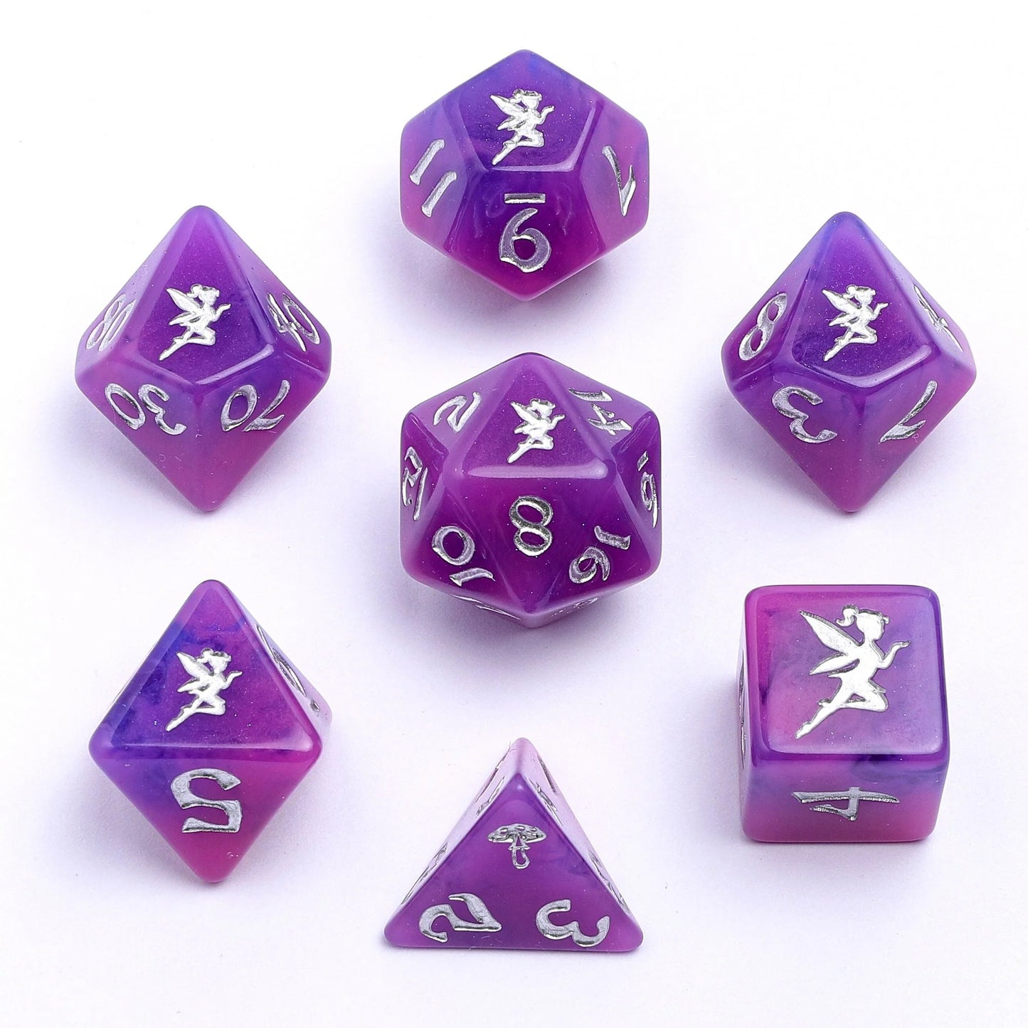 Wyrmforged Rollers Pixie Dust Silver Glow in the Dark Dice Set - 7-Piece Rounded Resin Polyhedral - Hyngho Dice