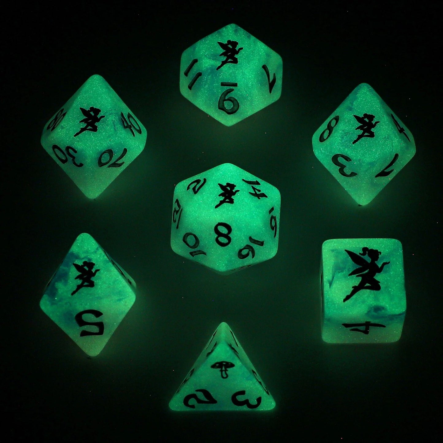 Wyrmforged Rollers Pixie Dust Silver Glow in the Dark Dice Set - 7-Piece Rounded Resin Polyhedral - Hyngho Dice
