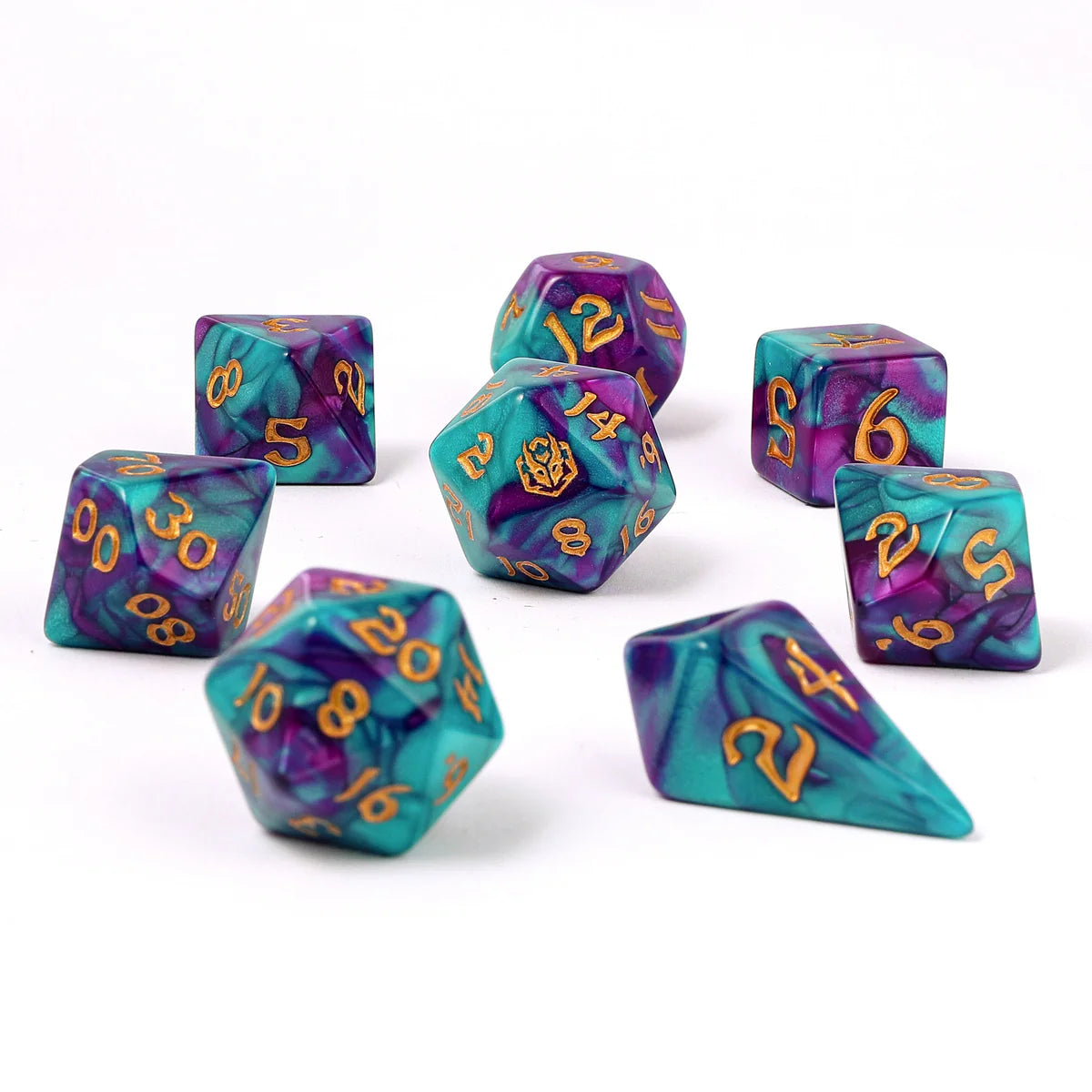 Wyrmformed Rollers Frostbloom Metal Polyhedral Dice Set - 8-Piece, Teal & Purple, Rounded Edge - Hymgho Dice