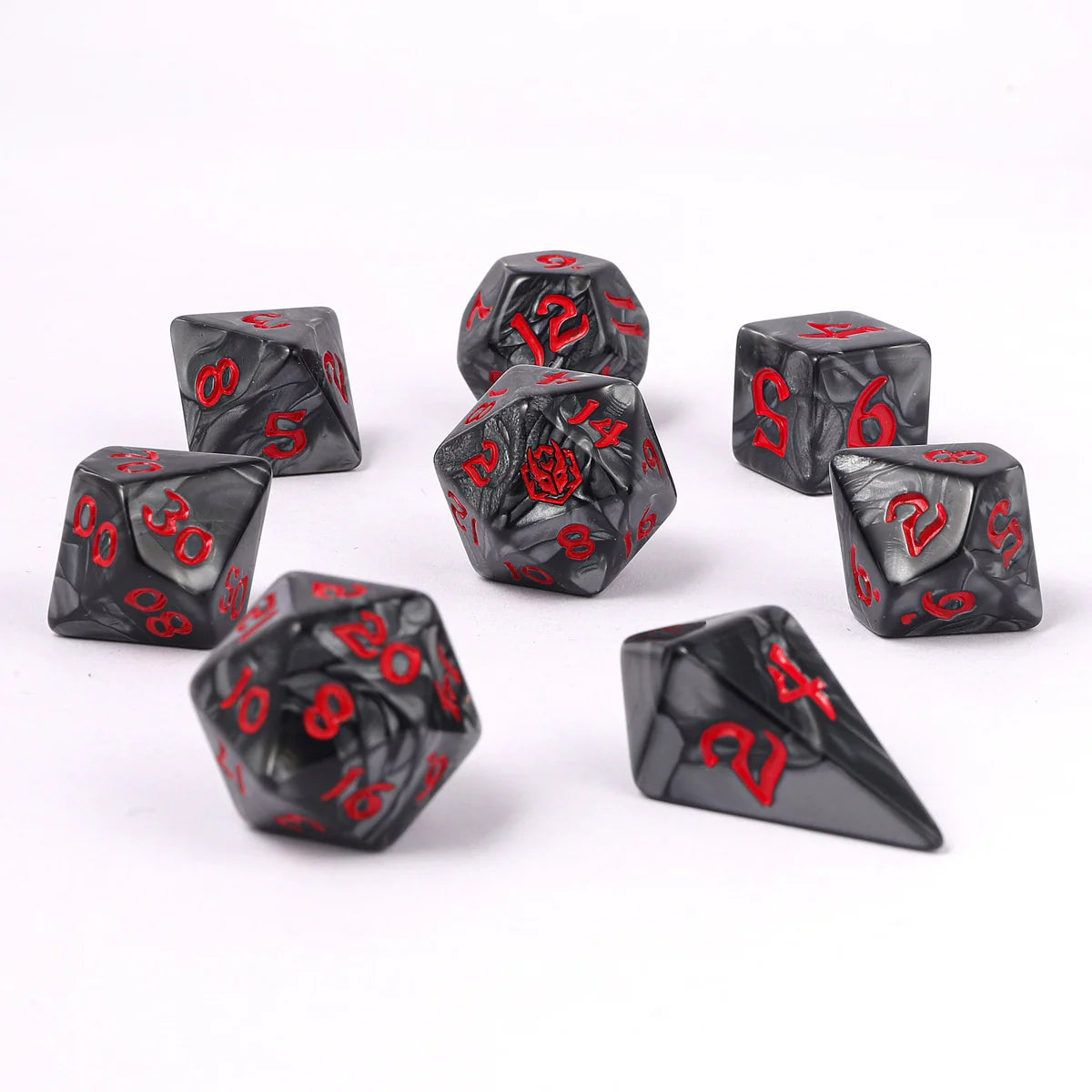 Wyrmformed Rollers Iron Golem Metal Polyhedral Dice Set - 8-Piece, Grey & Red, Rounded Edge - Hymgho Dice