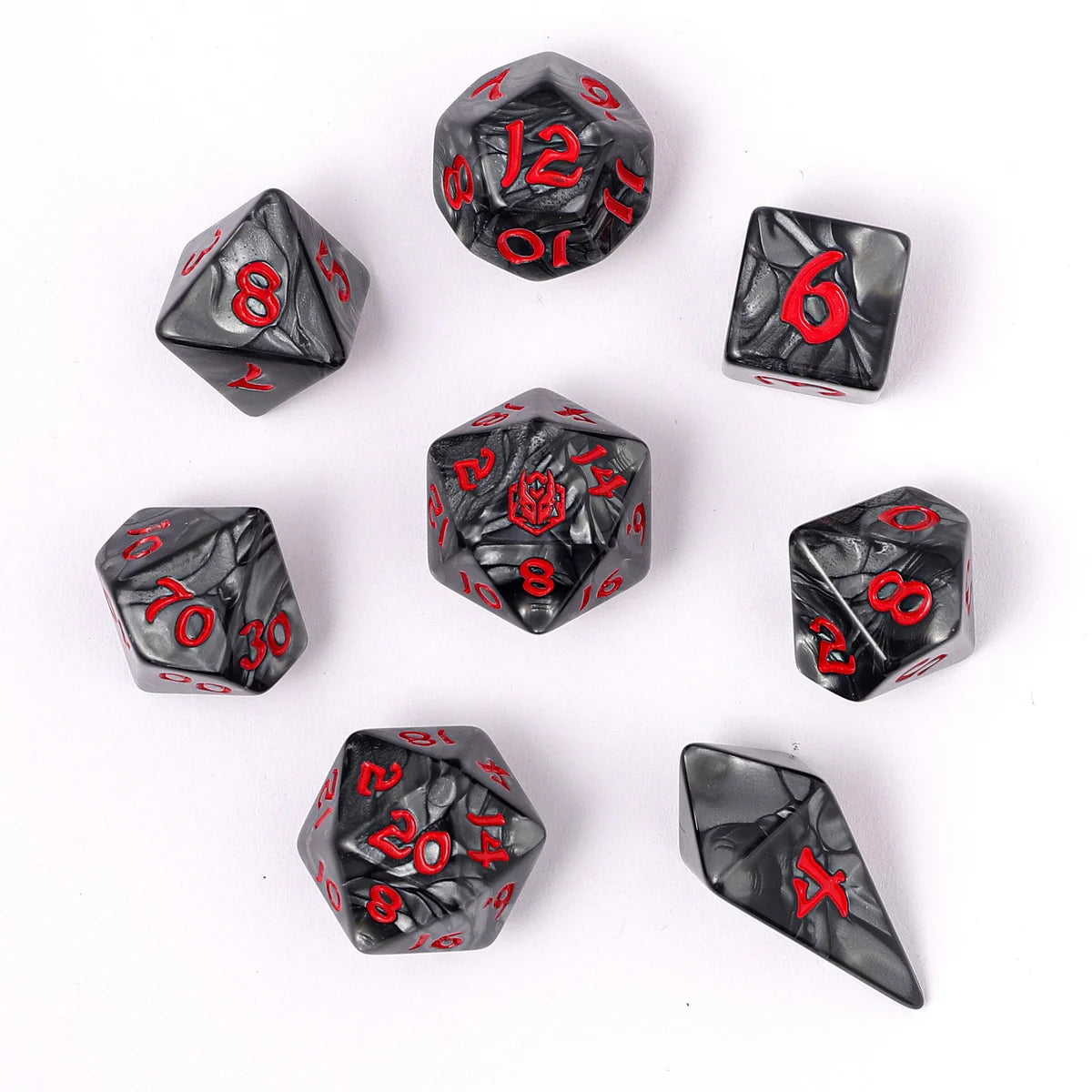 Wyrmformed Rollers Iron Golem Metal Polyhedral Dice Set - 8-Piece, Grey & Red, Rounded Edge - Hymgho Dice