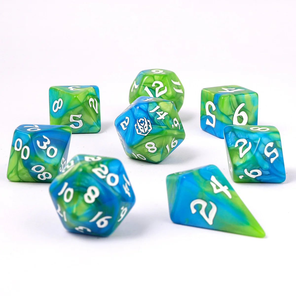 Wyrmformed Rollers Banshee's Wail Metal Polyhedral Dice Set - 8-Piece, Green & Blue, Rounded Edge - Hymgho Dice