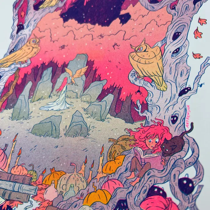 Book of Owls Fantasy Art Riso Print - Natalie Andrewson - Autumn Halloween Theme