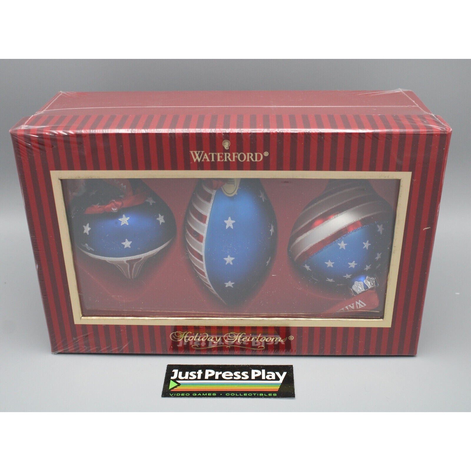 Waterford Holiday Heirlooms Set of 3 Patriotic USA Flag Glass Ornaments NIB