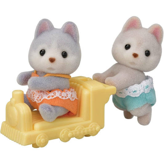 Calico Critters Husky Twins Doll Set - 2 Puppy Dog Figures & Train Vehicle - Epoch Everlasting Play