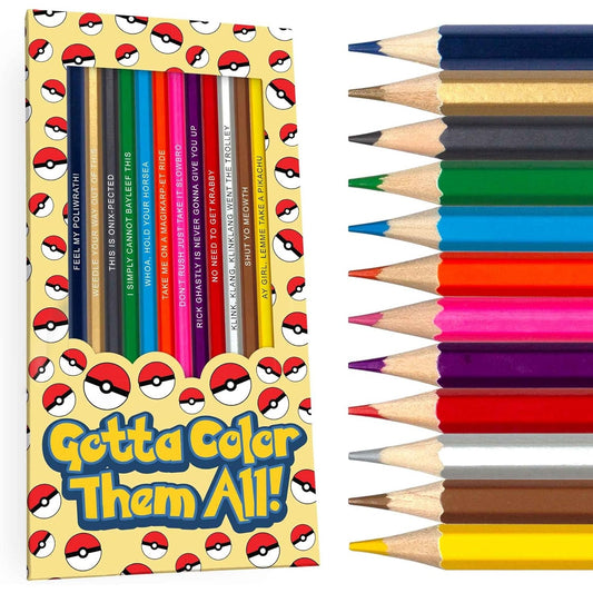 Gotta Color Them All! Colored Pencil Set - 12 Colors, Pokemon Inspired Parody - Pun Labs