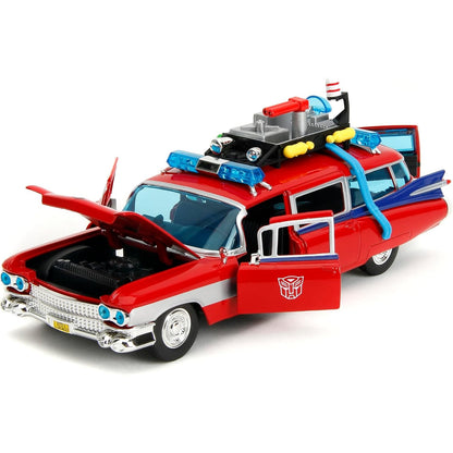 Transformers x Ghostbusters Ecto-1 Optimus Prime Graphics 1:24 Scale Die-Cast Car - Jada Toys - Hollywood Rides