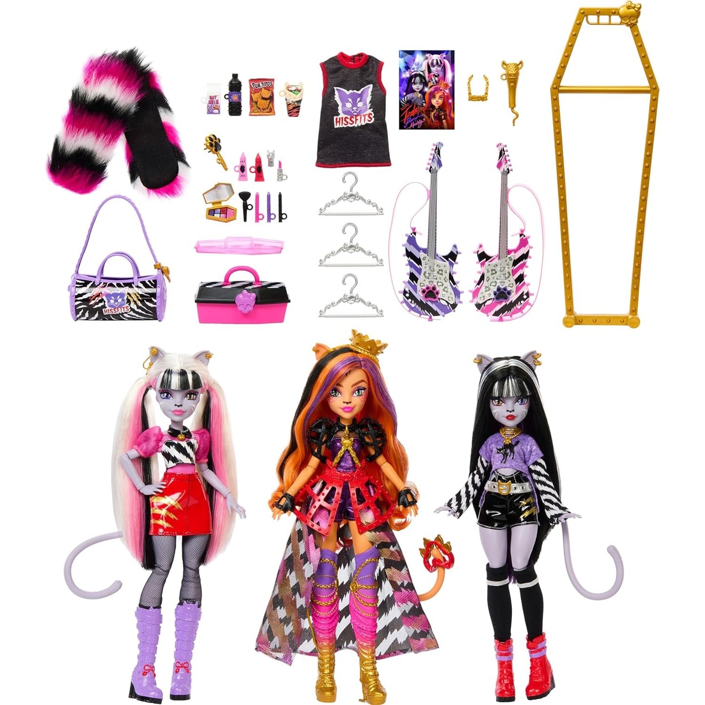 Monster High Dolls, the Hissfits Band three-Pack With Toralei Stripe, Meowlody And Purrsephone