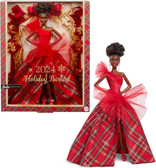 2024 Holiday Barbie Doll Black with Brown Hair, Plaid Dress - Mattel - Barbie Signature Series