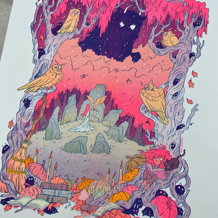 Book of Owls Fantasy Art Riso Print - Natalie Andrewson - Autumn Halloween Theme