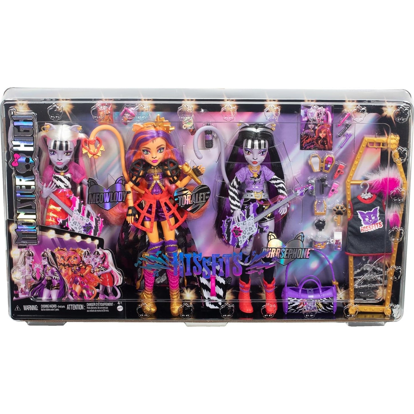 Monster High Dolls, the Hissfits Band three-Pack With Toralei Stripe, Meowlody And Purrsephone