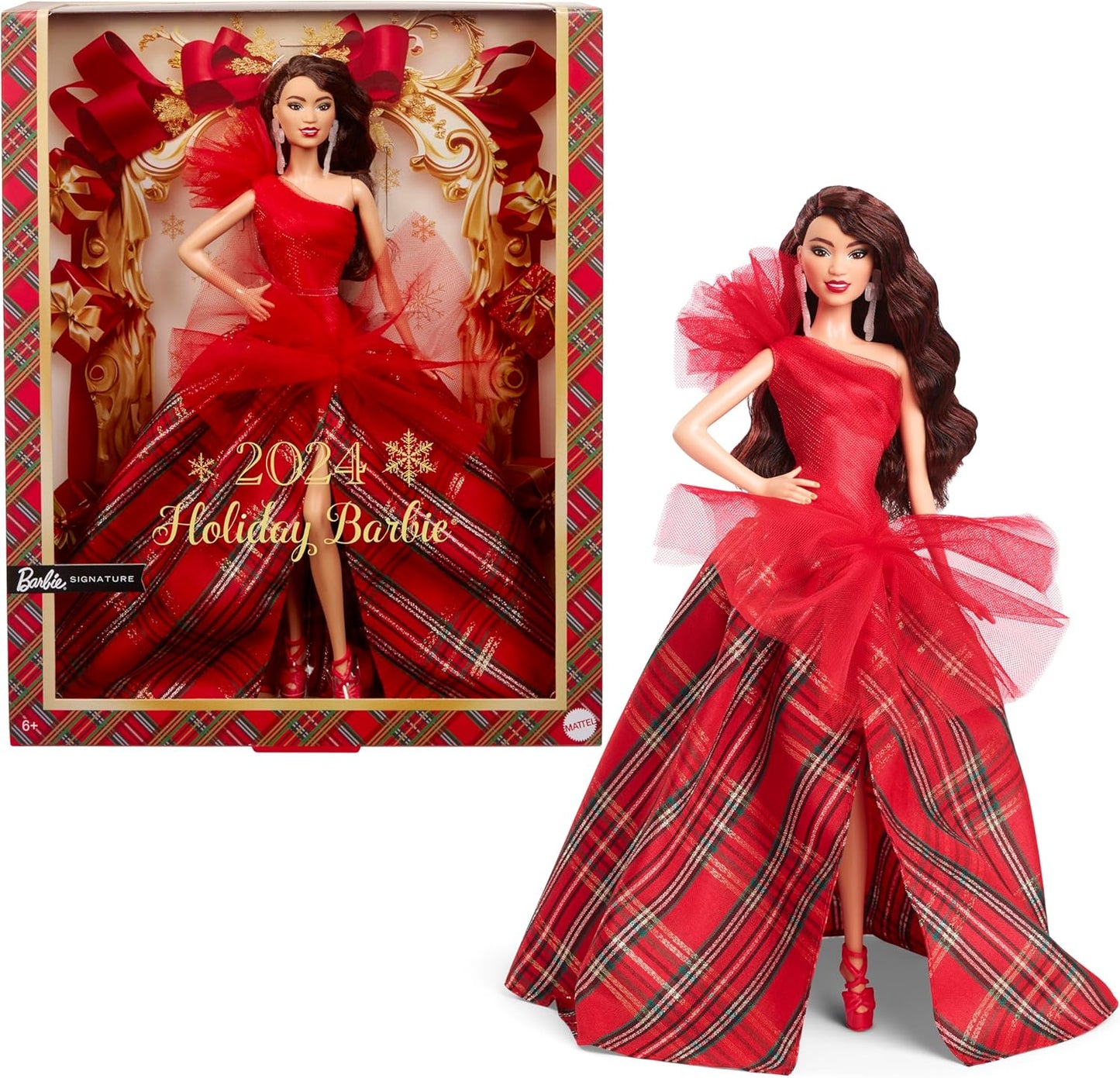 2024 Holiday Barbie Doll Asian with Brown Hair, Plaid Dress - Mattel - Barbie Signature Series