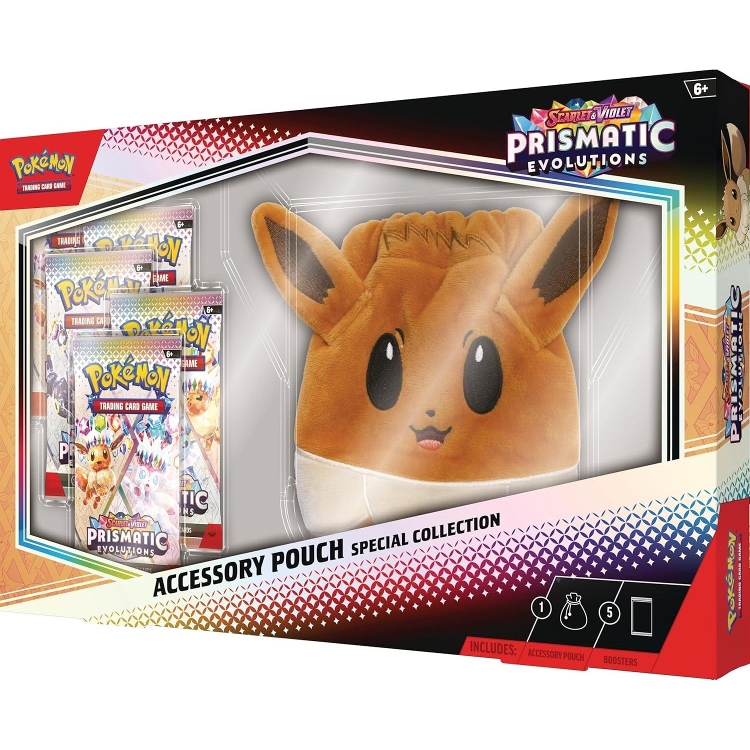 Pokemon TCG Scarlet & Violet Prismatic Evolutions Accessory Pouch - Special Collection - Eevee Pouch + 5 Booster Packs!