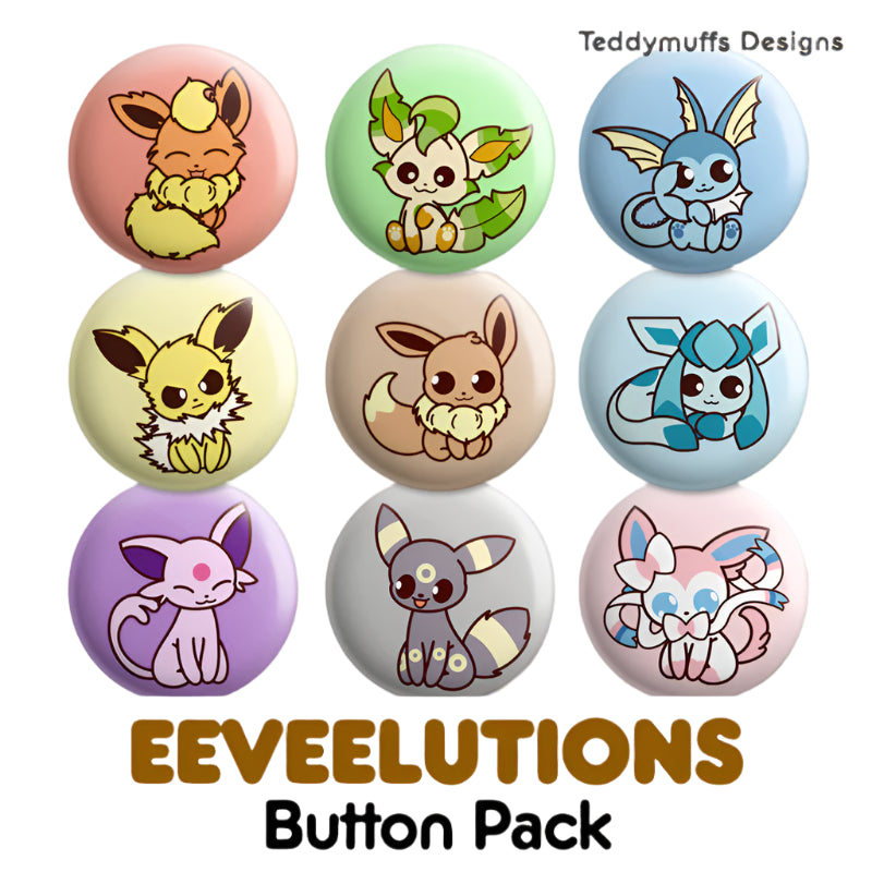 Pokemon Eeveelutions Button Pin 9-Pack - Teddymuffs Design