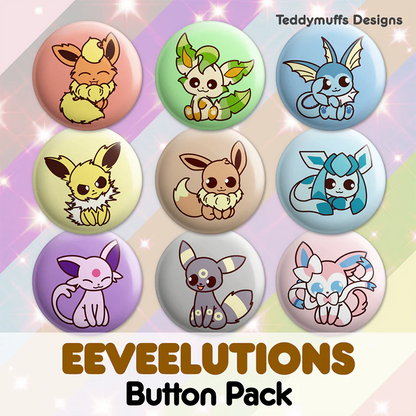 Pokemon Eeveelutions Button Pin 9-Pack - Teddymuffs Design