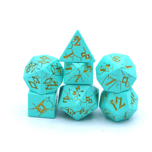 Barbarian Solid Metal Polyhedral Dice Set - 7-Piece, Turquoise & Gold - Hymgho Dice