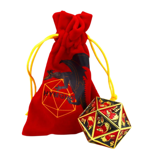 45mm Dragon D20 Die - Gold with Red & Black - Hymgho Dice
