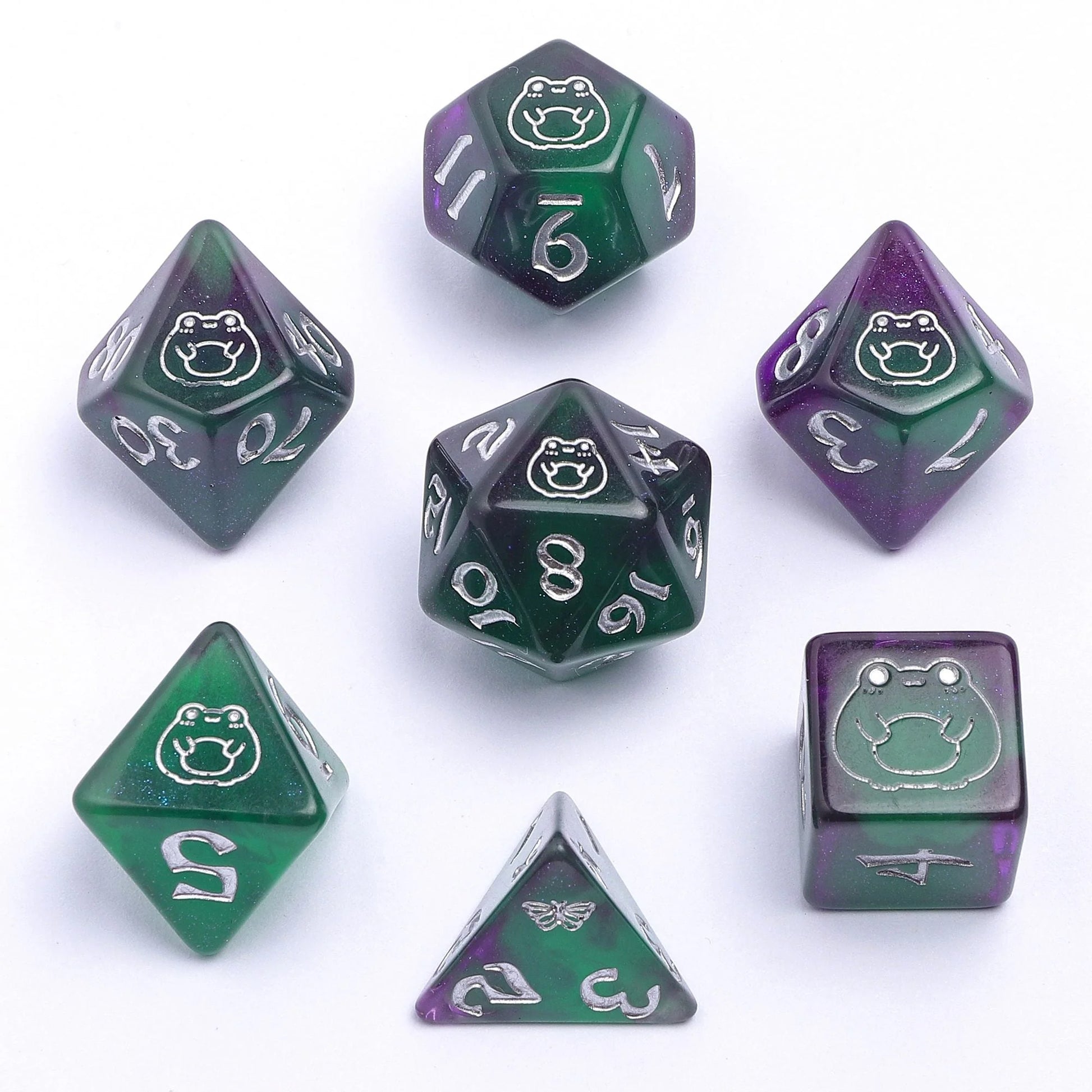 Wyrmforged Rollers Bog Frog Silver Glow in the Dark Dice Set - 7-Piece Rounded Resin Polyhedral - Hyngho Dice
