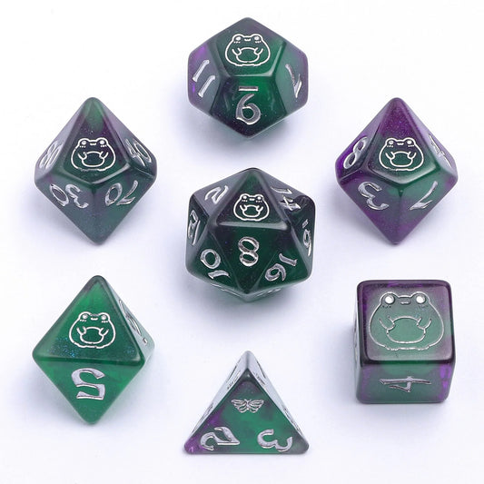 Wyrmforged Rollers Bog Frog Silver Glow in the Dark Dice Set - 7-Piece Rounded Resin Polyhedral - Hyngho Dice