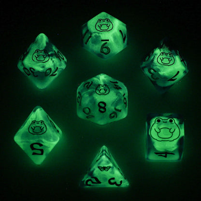 Wyrmforged Rollers Bog Frog Silver Glow in the Dark Dice Set - 7-Piece Rounded Resin Polyhedral - Hyngho Dice