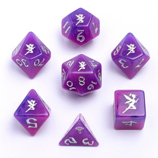 Wyrmforged Rollers Pixie Dust Silver Glow in the Dark Dice Set - 7-Piece Rounded Resin Polyhedral - Hyngho Dice