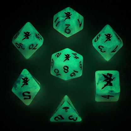 Wyrmforged Rollers Pixie Dust Silver Glow in the Dark Dice Set - 7-Piece Rounded Resin Polyhedral - Hyngho Dice