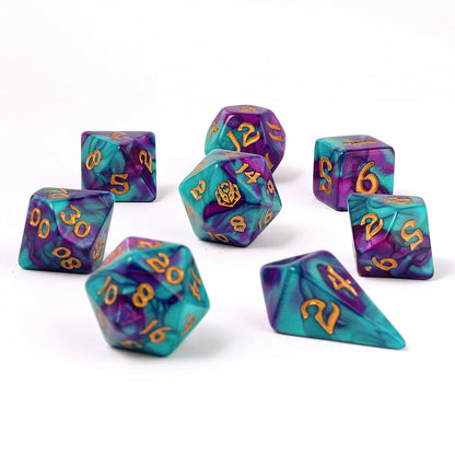 Wyrmformed Rollers Frostbloom Metal Polyhedral Dice Set - 8-Piece, Teal & Purple, Rounded Edge - Hymgho Dice