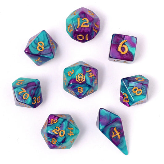 Wyrmformed Rollers Frostbloom Metal Polyhedral Dice Set - 8-Piece, Teal & Purple, Rounded Edge - Hymgho Dice