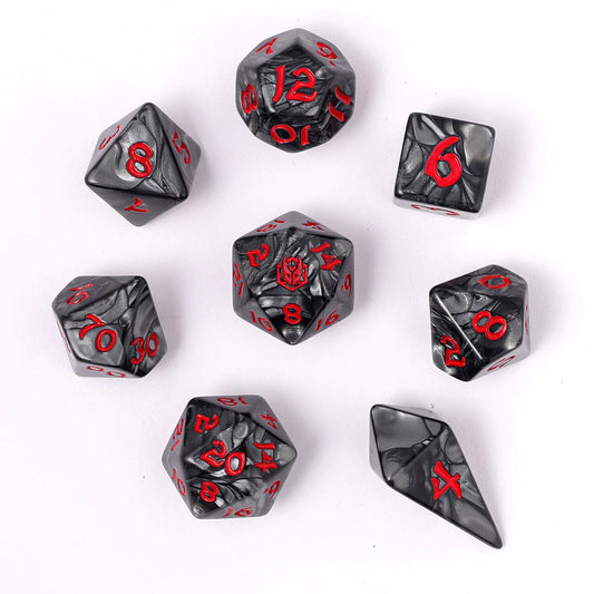 Wyrmformed Rollers Iron Golem Metal Polyhedral Dice Set - 8-Piece, Grey & Red, Rounded Edge - Hymgho Dice