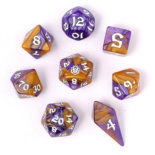 Wyrmformed Rollers Magister Robes Metal Polyhedral Dice Set - 8-Piece, Purple & Orange, Rounded Edge - Hymgho Dice