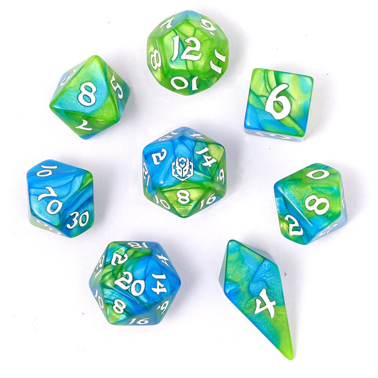 Wyrmformed Rollers Banshee's Wail Metal Polyhedral Dice Set - 8-Piece, Green & Blue, Rounded Edge - Hymgho Dice
